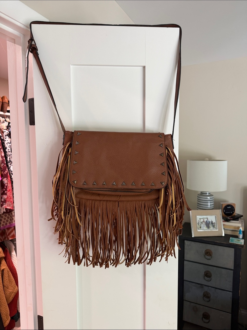 Fringed Brown Leather Crossbody with Stud Trim